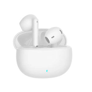 White wireless earbuds with charging case on a white background