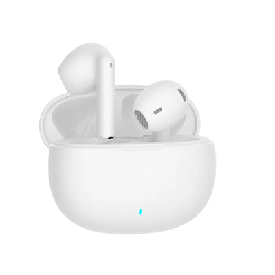 White wireless earbuds with charging case on a white background