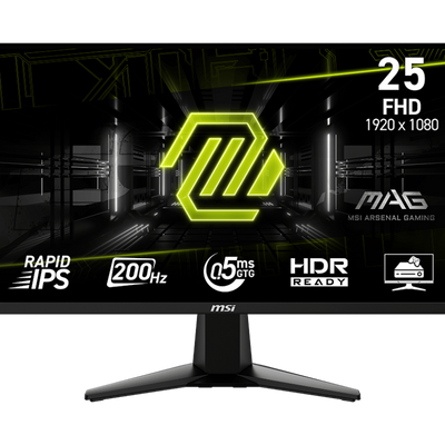 Gaming monitor with MSI logo and specifications on a black background