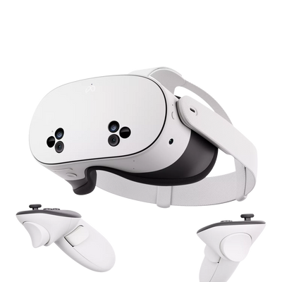 White VR headset with controllers on a white background