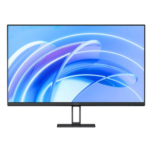 Computer monitor with a blue and purple abstract design on the screen