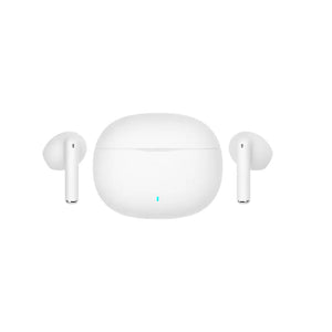 White wireless earbuds with charging case on a white background