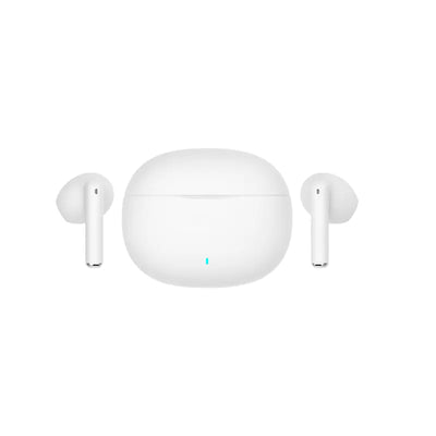 White wireless earbuds with charging case on a white background