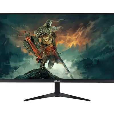 Gaming monitor displaying a warrior scene with a dark background