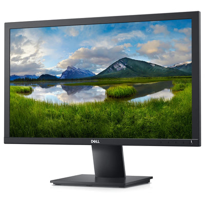 Dell monitor displaying a scenic wallpaper of mountains and lake on a white background