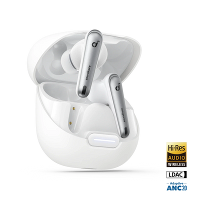 Wireless earbuds with charging case on a white background, featuring logos for Hi-Res Audio, LDAC, and Adaptive ANC.