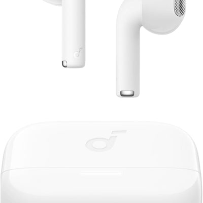 White wireless earbuds with charging case on a white background