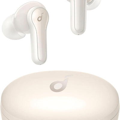 White wireless earbuds with charging case on a white background