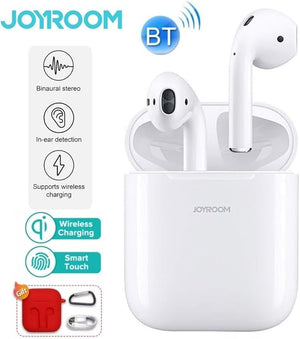Joyroom wireless earbuds with charging case on a white background