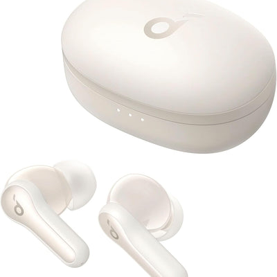 White wireless earbuds with charging case on a white background