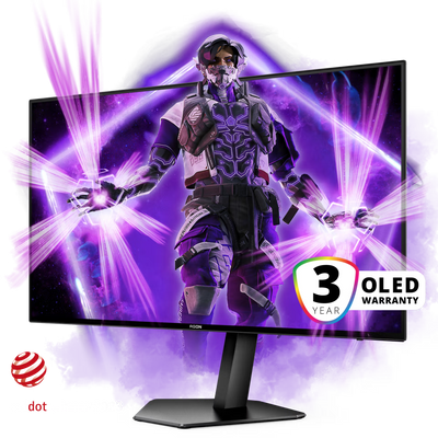 Gaming monitor with a character and purple light effects, featuring a 3-year OLED warranty badge.