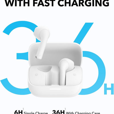 Wireless earbuds with charging case and charging time information on a white background
