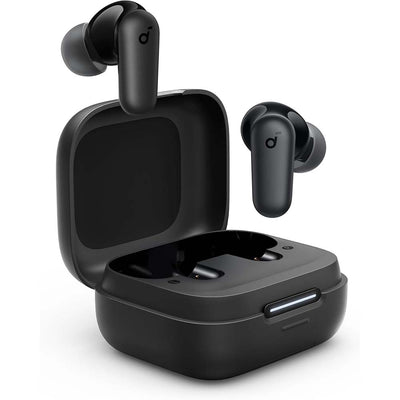 Black wireless earbuds with charging case on a white background