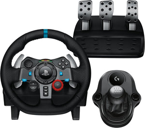 Logitech G29 driving wheel and pedals set on a white background