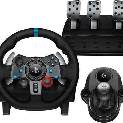 Logitech G29 driving wheel and pedals set on a white background