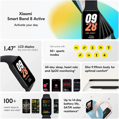 Xiaomi Smart Band 8 Active with features listed on a promotional graphic