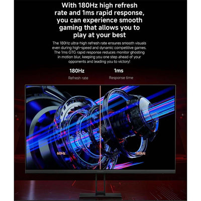 Gaming monitor with 180Hz refresh rate and 1ms response time displayed on a black background.