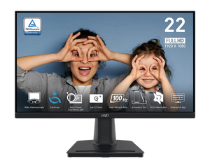 Monitor with a display of two children making a 'see no evil' gesture, featuring various certification logos on the screen.