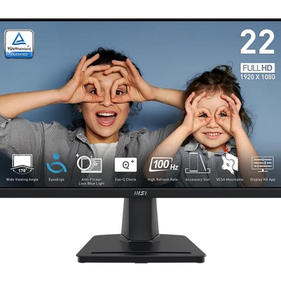 Monitor with a display of two children making a 'see no evil' gesture, featuring various certification logos on the screen.