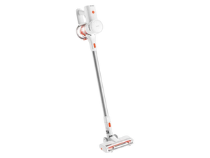 White and orange cordless vacuum cleaner on a white background