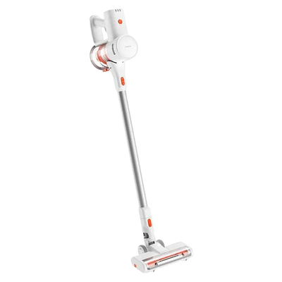 White and orange cordless vacuum cleaner on a white background