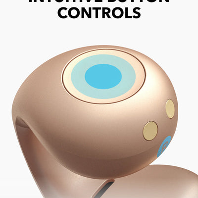 Rose gold device with a blue button on a white background, labeled 'Intuitive Button Controls'.