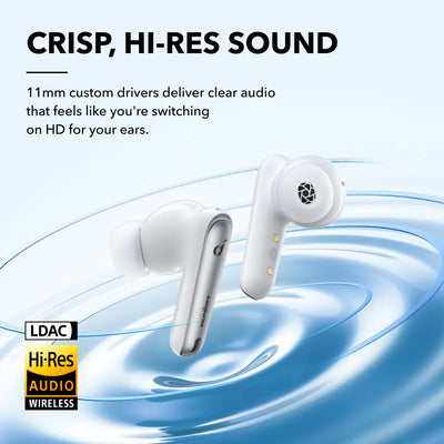 White wireless earbuds with text about crisp, hi-res sound on a light blue background