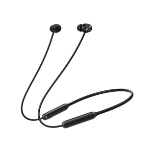 Black wireless earbuds with a neckband on a white background