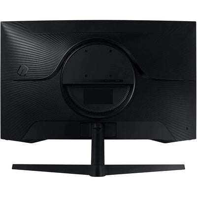 Black computer monitor with a textured back design on a white background