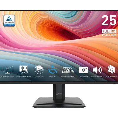 Monitor with colorful display and various features on a white background
