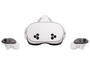 White VR headset with two controllers on a white background