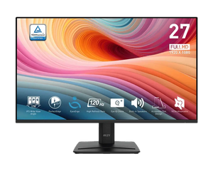 Monitor with colorful display and brand logo on a white background