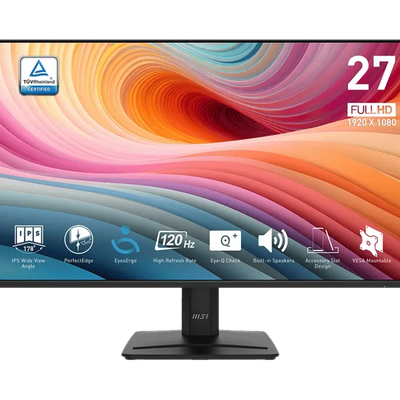 Monitor with colorful display and brand logo on a white background