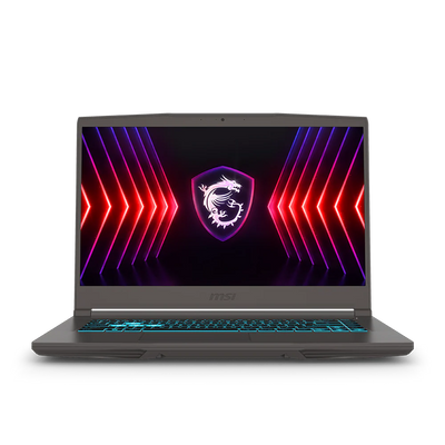 Gaming laptop with colorful display and brand logo on a white background