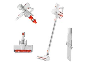 White and red cordless vacuum cleaner with attachments on a white background