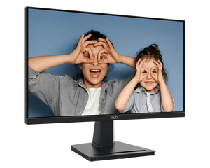 Monitor displaying a man and child making eye shapes with their hands