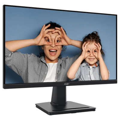 Monitor displaying a man and child making eye shapes with their hands