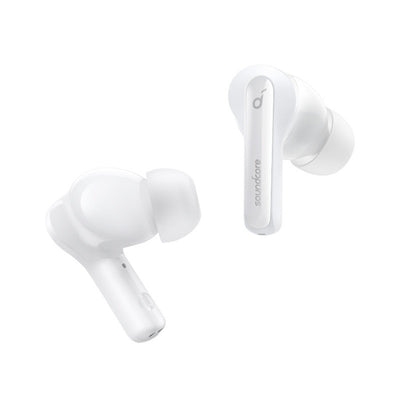 White wireless earbuds on a white background