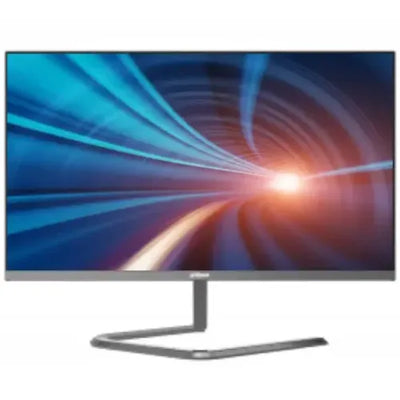 Computer monitor with a dynamic blue and red abstract design on the screen