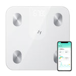 Smart scale with a smartphone displaying health app on a white background