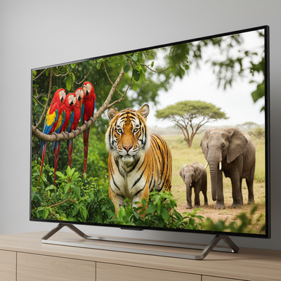Generate a TV stock image with a different angle showing animals on the TV to high case the quality of picture