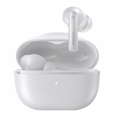 White wireless earbuds in a charging case on a white background