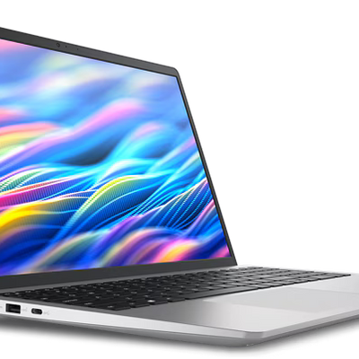 Laptop with a colorful abstract design on the screen against a white background