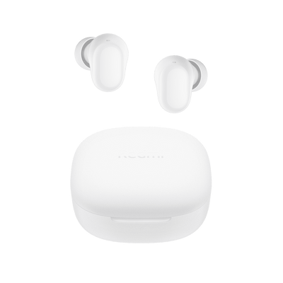 White wireless earbuds with charging case on a green background