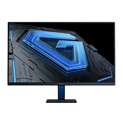 Monitor with futuristic design and blue lighting on a white background