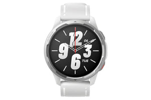 Smartwatch with a black display showing the time and date on a white background