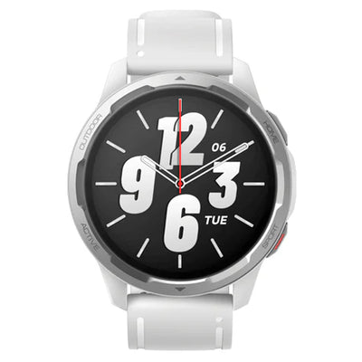 Smartwatch with a black display showing the time and date on a white background