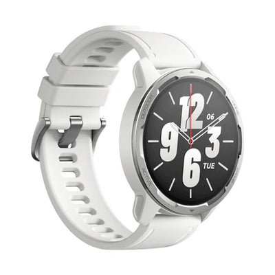 White smartwatch with a black dial on a white background